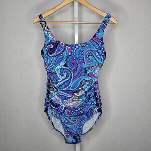 Trimshaper One Piece Swimsuit Paisley Tummy Control Lace Up Size 12 Blue Purple